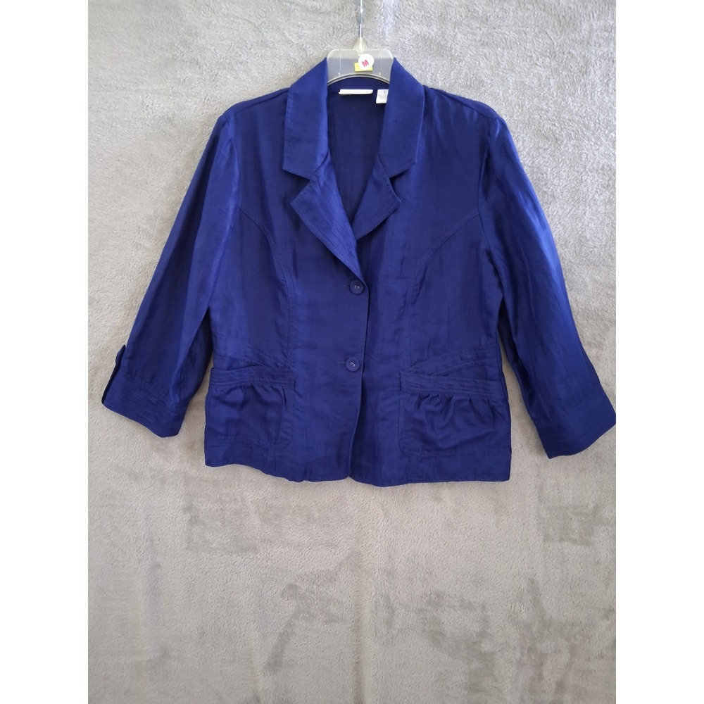 Chicos Blazer Jacket 1 Medium Blue Linen Blend 3/4 Sleeve Coastal Professional